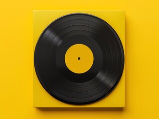 Top view of a black vinyl record on a bright yellow background. Classic music medium, retro style, and vibrant color contrast.