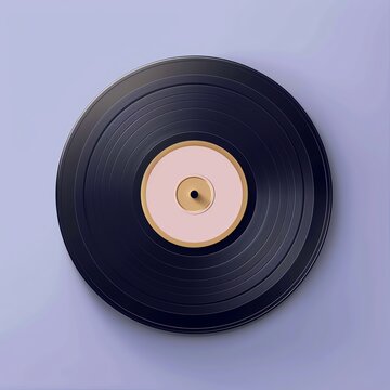 Top view of a classic vinyl record with a golden center on a pastel purple background, highlighting vintage music and retro style in a modern setting.