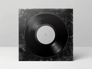 Vintage black vinyl record with a white label on a minimalistic background, perfect for music themes and retro designs.