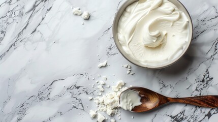 Bowl of creamy yogurt on marble surface