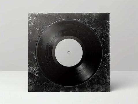 Vintage black vinyl record with a white label on a minimalistic background, perfect for music themes and retro designs.