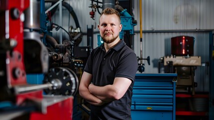 A man with a beard stands with his arms crossed in a machine shop.