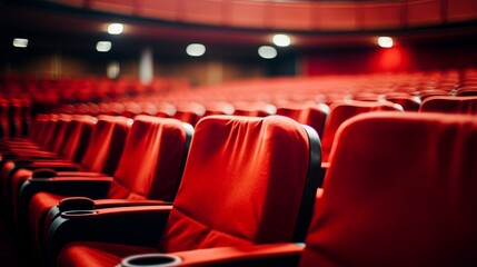 Empty cinema hall with red seats. Movie theatre. Neural network ai generated art