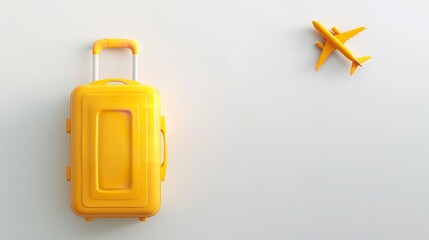 A flying airplane emblem appears on a yellow suitcase set against a white backdrop. Travel and vacation concept, business trip. top view, flat lay, Generative AI.