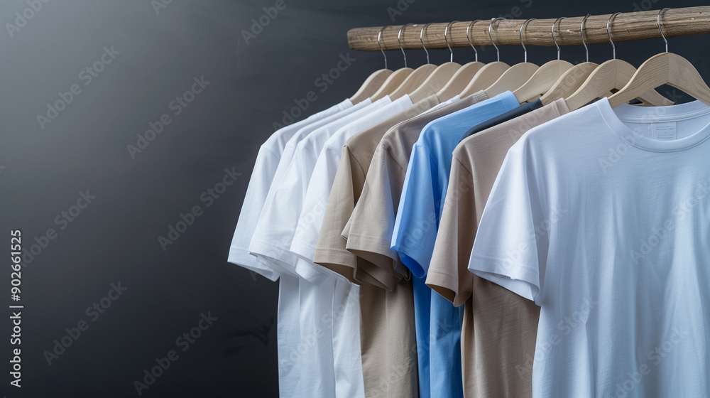 Wall mural clothes on hangers, t shirts on hangers, a row of white and beige t shirts, display of fashion store