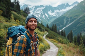 Fototapeta premium A happy young hiker and backpacker enjoying the breathtaking scenery while strolling along a trail, Generative AI.