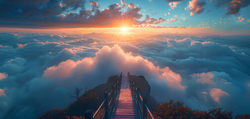 photo manipulation of a pier bridge above the clouds in landscape view