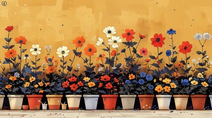 Fototapeta premium Vibrant Flowers in Pots Against a Yellow Wall