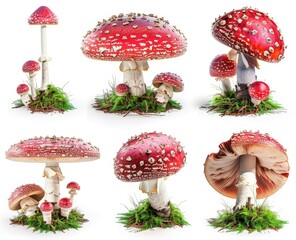 A Collection of Red and White Mushrooms with White Background