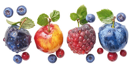 An array of summer berries with fresh green leaves, close-up and embellished with glistening dew drops. Displayed against a white backdrop to enhance their beauty.