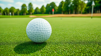 Fototapeta premium Summer outdoor sport concept, recreational freedom activity. White golf ball on tee with golf course in the background. Close-up golf ball on tee with blur green bokeh background. Generative AI