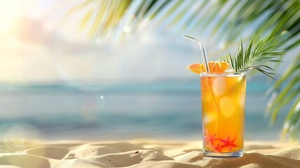 Beach along the sea featuring warm sand, lush foliage, and cocktail areas, Generative AI.