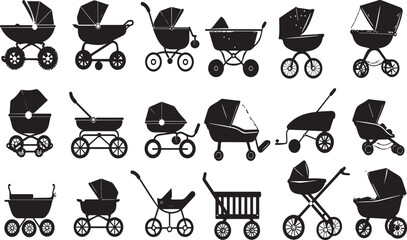 Baby Stroller Elegant Silhouette Vector Illustrations