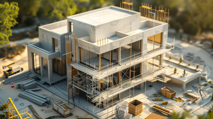 Fototapeta premium Modern House Construction Site with Scaffolding and Building Mat
