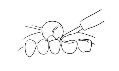 Teeth with roots continuous line art drawing isolated on white background. Dental instruments. Dentistry, health, midicine. Vector illustration	