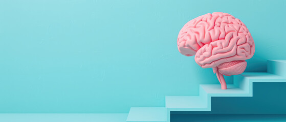 Explore a 3D brain design featuring an ascending staircase, representing mental development. Ideal for mental health projects and educational content with space for text.