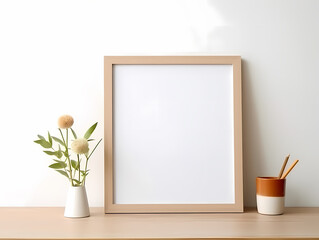 Minimalist workspace with an empty wooden frame, decorative plants, and a pen holder on a light wooden desk.