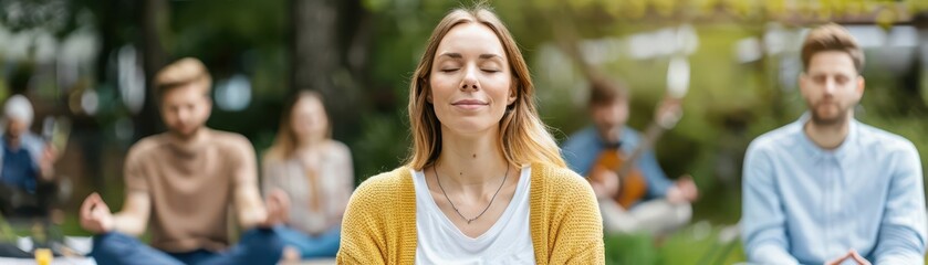 Relaxing Labor Day garden party with music, meditation, and mindfulness activities for employees, promoting mental health, stress relief, outdoor gathering