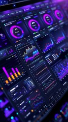 Obraz premium A close-up of a futuristic digital interface with glowing graphs and charts in purple and blue hues.