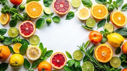 Naklejka premium Citrus Fruit and Greenery Border on White Background