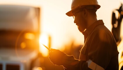 A hard-working man in a hard hat and safety glasses uses his phone while on the job. The sun is setting in the background, casting a warm glow over the scene.