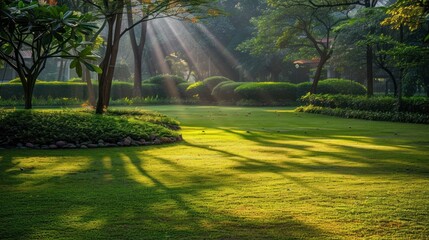 Obraz premium Sunlit green park with trees casting long shadows.