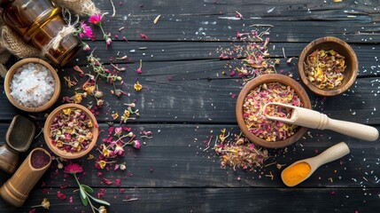 Dried herbs and spices in wooden bowls