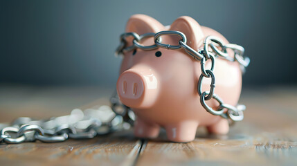 Heavy chain around a piggy bank, depicting financial debt constraint
