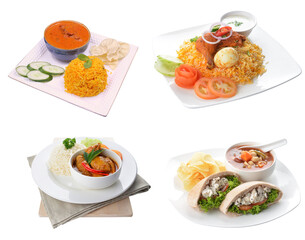 chicken tuna salad kebab open pocket bread soup and nasi briyani chicken egg and spicy curry rice healthy set in plate on white background asian halal food cuisine vegan menu for cafe design