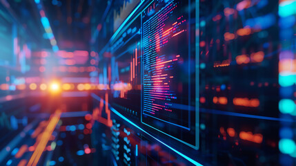 Holographic price decrease, virtual business losses, futuristic financial decline, dark digital interface