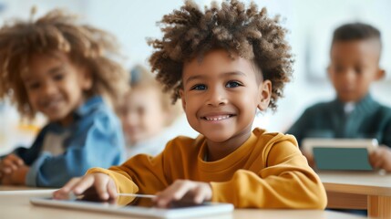A young student sits in class, smiling at the camera. He is using a tablet to learn new things.