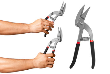 Set. Metal scissors in a man's hand and separate scissors on a blank background.