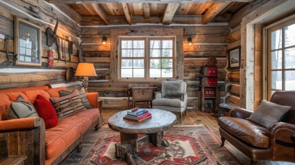 A cozy living room with a large orange couch, a coffee table, and a few chairs