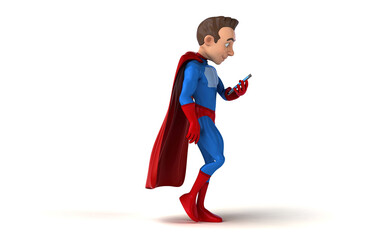 Fun 3D cartoon superhero walking with a smartphone