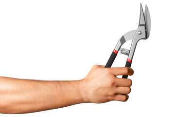 metal scissors in a man's hand on a blank background.