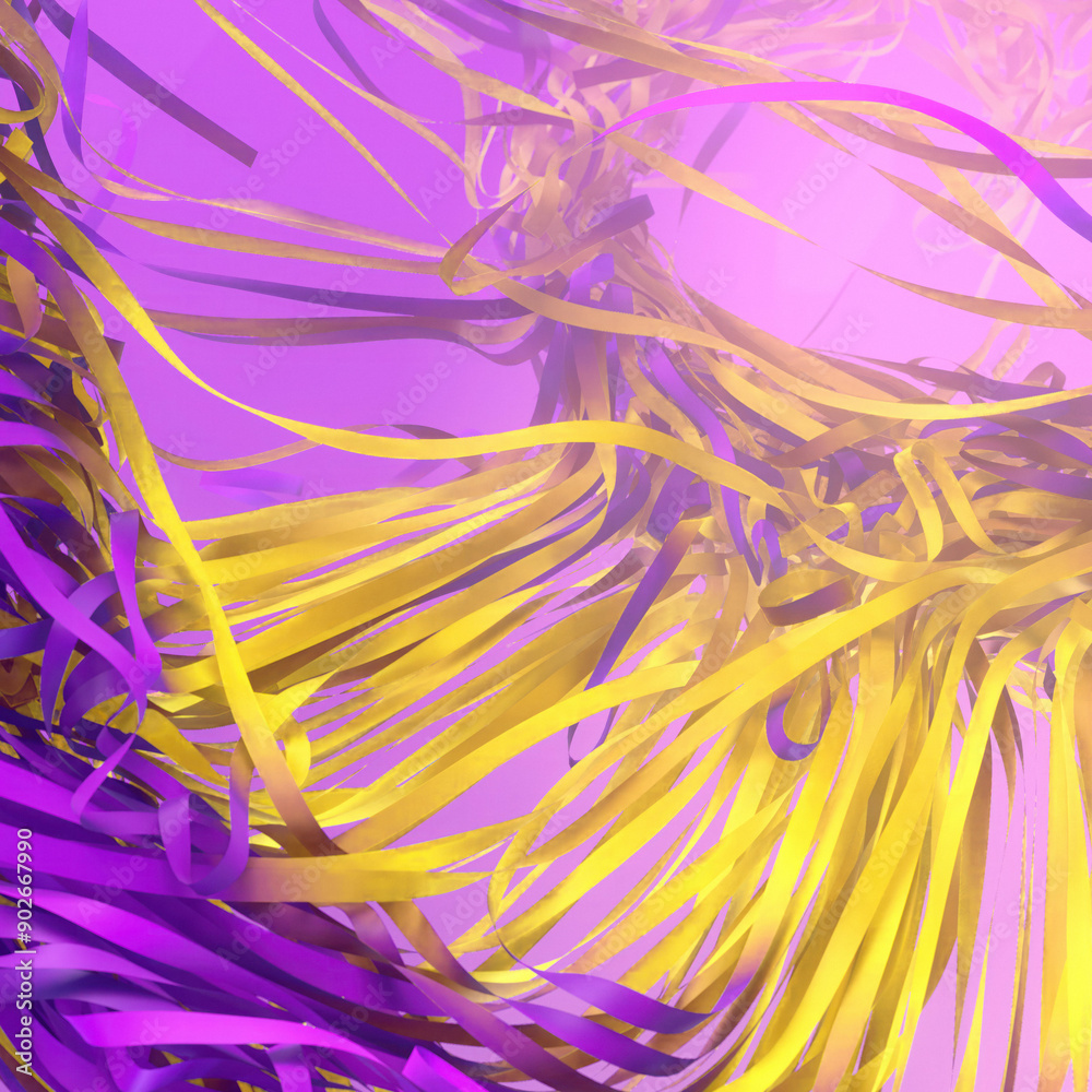 Poster Purple and yellow fabric strips also intertwine and twirl in a mesmerizing dance. 3d rendering illustration