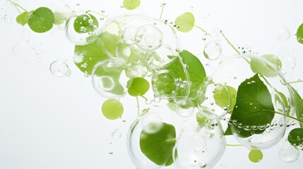 Herbal leaves encased in bubbles: natural beauty science concept on white background, showcasing herbal medicine and organic skincare ingredients for holistic wellness and scientific innovation


