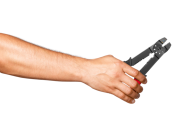 Cable crimping tool in man's hand on empty background.