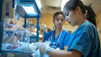 Obraz premium A Caucasian and Hispanic nurse team working together in a neonatal unit