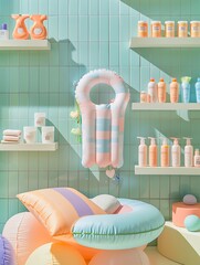 cosmetic bottles on colorful bathroom and shelves