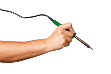 Soldering iron in a person's hand on a blank background.