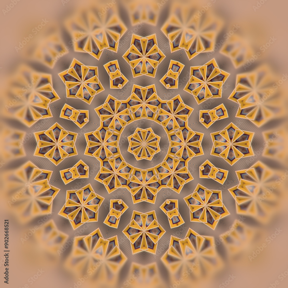 Poster Digital illustration consisting of a circular star pattern in bright colors. 3d rendering