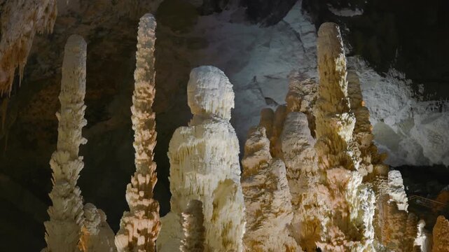 Frasassi Caves, gigantic stalagmites nicknamed "the Giants" inside a huge underground cave. Fascinating geological rock formations