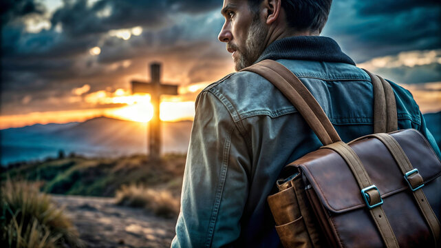 Missionary man with suitcase on his back walking through the field at sunset taking the Word of God