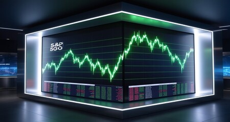 Future Finance: Dynamic S&P 500 Market Display in Futuristic Hub