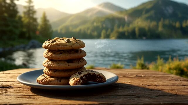 Cake on wooden table with river and mountain view