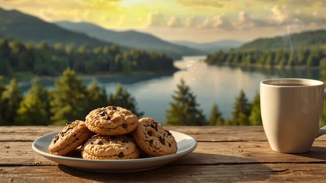 Cake on wooden table with river and mountain view