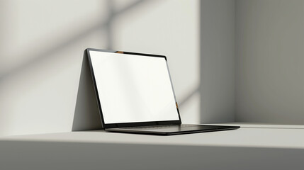 A mockup of an open laptop with a blank screen, standing upright on a table, viewed from the front, against a white background. The black and sleek laptop reflects light from its g