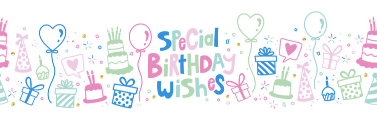 Fun hand drawn party seamless background with cakes, gift boxes, balloons and party decoration. Great for birthday parties, textiles, banners, wallpapers, wrapping - vector design
