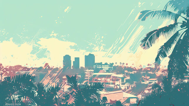 Risograph trendy riso print travel poster, card, wallpaper or banner illustration, modern, isolated, clear, simple of Isiro, Democratic Republic of the Congo. Artistic, screen printing, stencil